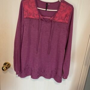 Amanda Green Top Womens L Purple Excellent Embroidered Lace Slub Knit Tunic